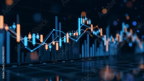 Financial charts with blue and orange candlesticks pan slowly across a digital display