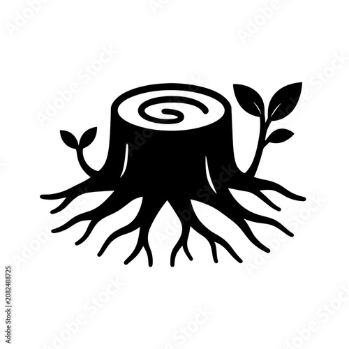 Konstfotografi Tree stump with small sprouting leaves represents forest regrowth and environmental sustainability