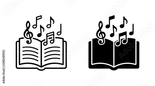 Photos Set of music book icons with musical notes floating above the open pages