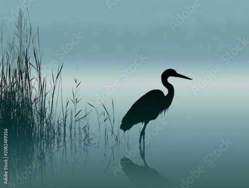 Silhouette of a bird (Ardeidae) in water with reeds, serene outdoor scene