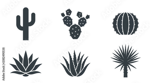 Flat vector icon set featuring six desert plants: Saguaro cactus, Prickly pear cactus, Barrel cactus, Agave plant, Aloe vera, Yucca plant, monochrome solid color