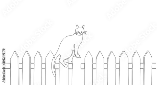 Foto Minimalist cat outline sitting on a picket fence, line art, clean design