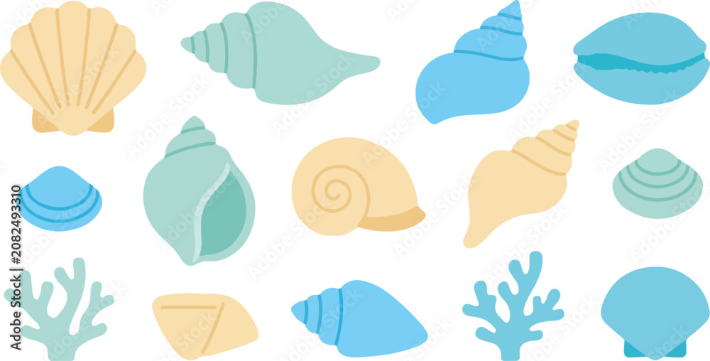 Fototapeta premium Set of colorful flat vector illustrations of various seashells and coral reef elements.