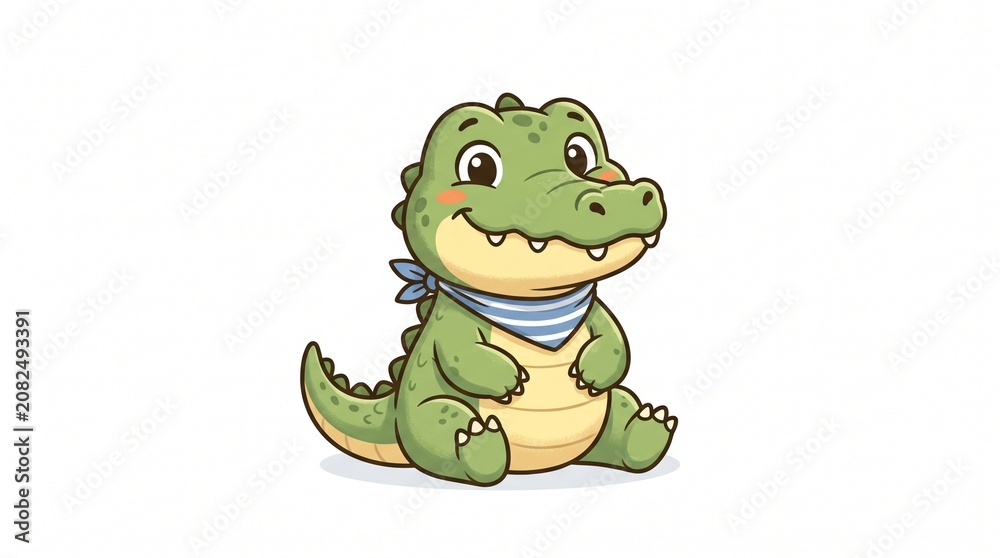Obraz premium Cute chibi baby crocodile with green skin and yellow belly, big shiny eyes, rosy cheeks, tiny teeth, a blue striped bandana, and a friendly smile sitting.