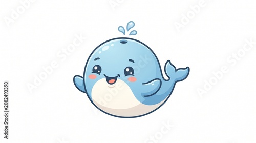 Photos Cute chibi baby whale with round light blue body and white belly, big shiny eyes, pink cheeks, a happy smile, and little water sprays from its blowhole