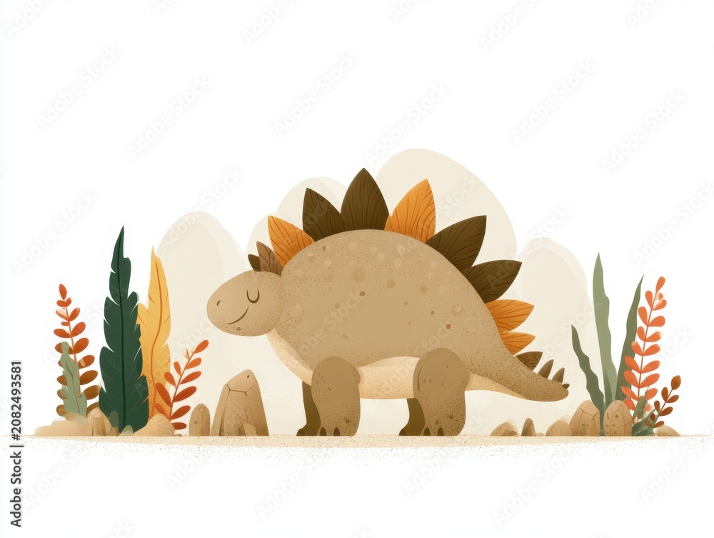 Fototapeta premium Illustration of a cute dinosaur with distinctive plates, set in a prehistoric era