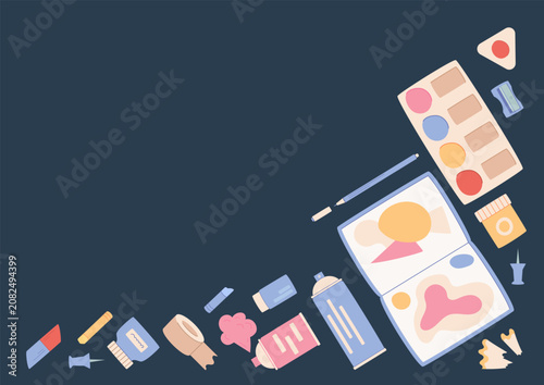 Flat artist supply background template with sketchbook and marker on dark blue surface. Stationery and painting kit as creative art layout. Horizontal desk scene for workshop or study with pencil,