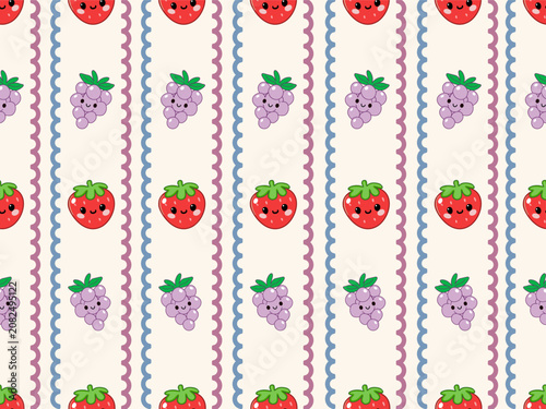 Kawaii Fruit Pattern: A delightful pattern featuring cute and colorful cartoon strawberries and grapes with smiling faces, set against a soft, striped background.