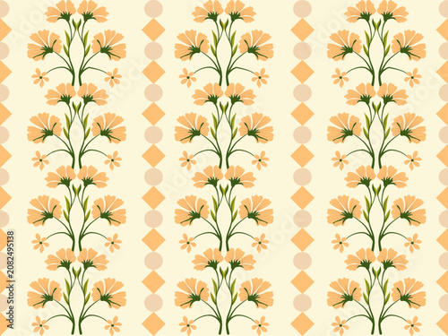 Floral Wallpaper Pattern: A seamless repeating pattern featuring stylized orange flowers and diamond shapes on a light cream background, evoking a sense of vintage elegance and charm.