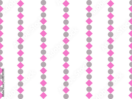 Pink and Grey Diamond and Circle Pattern: A repeating seamless pattern featuring alternating pink diamond shapes and grey circle shapes aligned vertically on a white background.