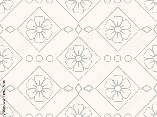 Floral Geometric Pattern: , stylized flowers enclosed in diamond shapes, interspersed with small circles and rhombuses, rendered in a soft.