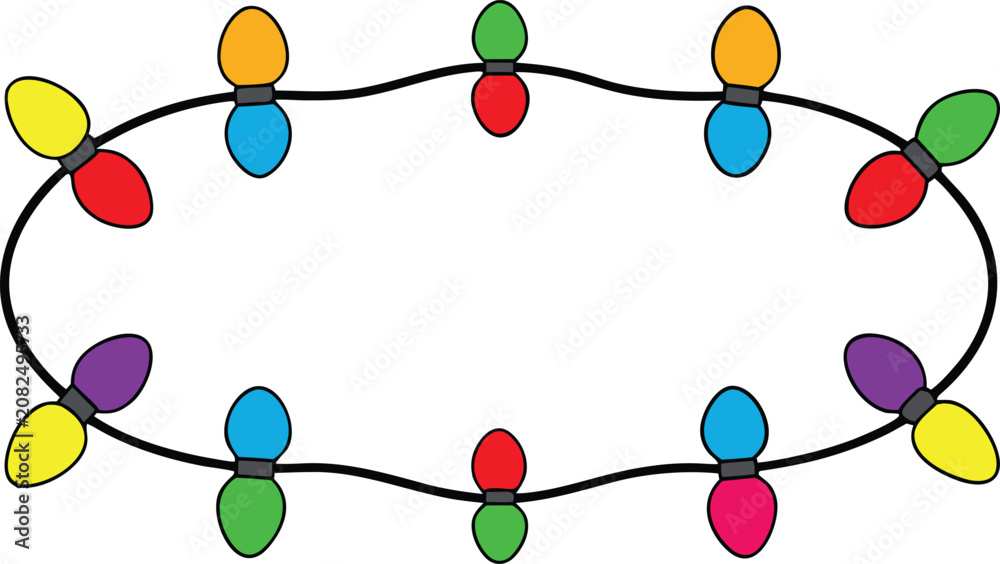 Obraz premium Colorful Christmas String Lights Border Frame Vector with Glowing Holiday Bulbs Isolated on Transparent Background