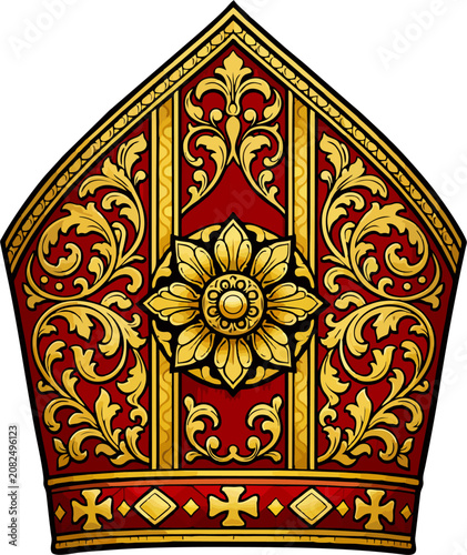 Foto Ornate Red and Gold Bishop Mitre with Floral Baroque Ornament Christian Ceremoni