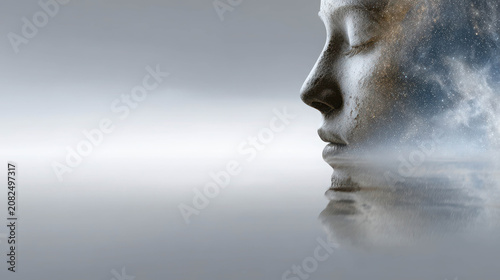 A contemplative profile of a person's face superimposed with a cloudy sky and its reflection on the water. The image evokes a sense of introspection and connection with nature