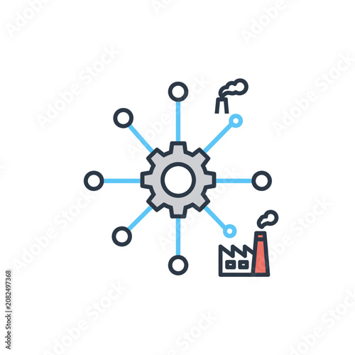 Industrial network icon with gear connected to multiple nodes.