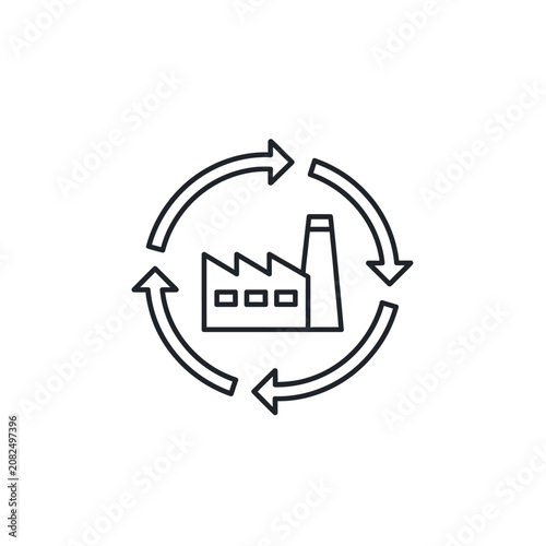 Industrial production cycle icon with rotating arrows.