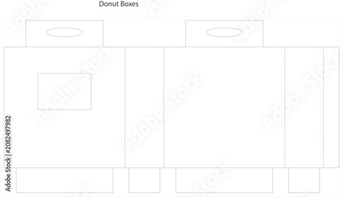 Template for assembling cardboard donut boxes with visible folding lines and cutout shapes