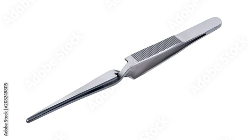 Realistic cross-locking tweezers isolated on white background. Stainless steel self-locking reverse action tweezers, medical and laboratory surgical instrument vector illustration