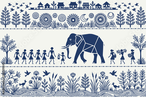 Tablou pe pânză Traditional folk art illustration of a Thai or Indian elephant walking with vill