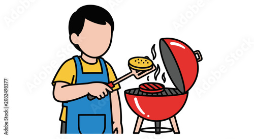 Man grilling hot dogs on a red barbecue.