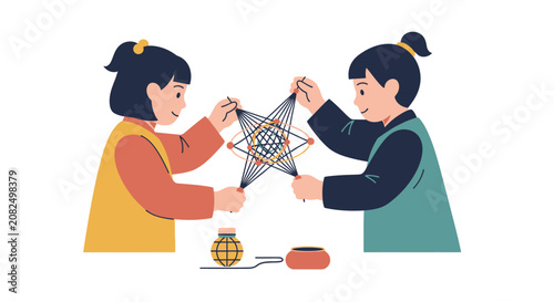 Two children crafting a star decoration together.