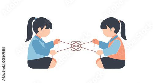 Two girls playing with string and ball game.