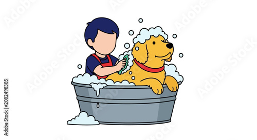 Child Bathing a Dog in a Tub with Bubbles.