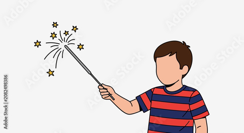 Young boy holding a sparkler with stars.