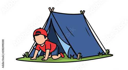 Child crawling under blue camping tent outdoors.
