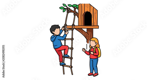 Children playing near a treehouse with a ladder.
