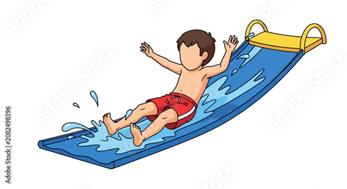 Child sliding down water slide with joy.