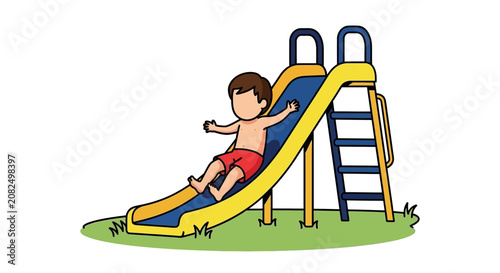Child sliding down colorful playground slide.