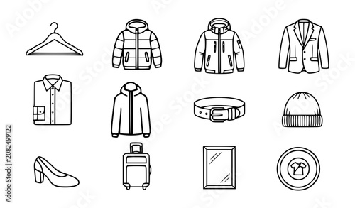 Tableau sur toile Wardrobe essentials and fashion clothing vector icon set with simple bold line a