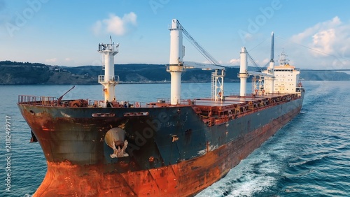 Bild auf Leinwand Heavily rusted bulk carrier underway in Bosphorus Strait, aerial bow view showing weathered hull, white derrick masts and long wake, cable-stayed bridge in background