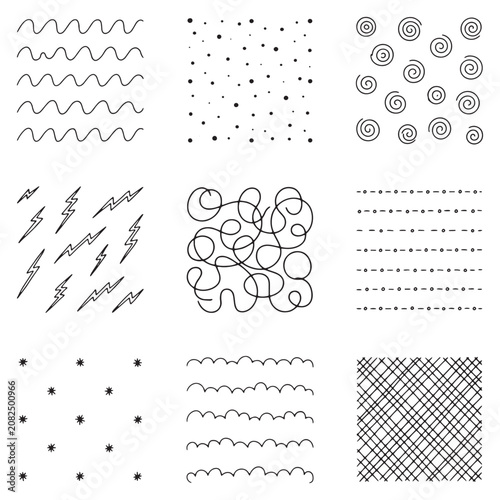 Hand drawn line pattern set with wavy dot and spiral doodle texture for background design