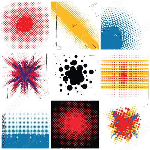 Halftone burst background set with colorful dot explosion pattern for pop art design