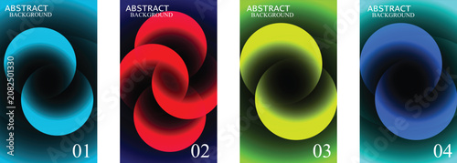 Set of abstract background templates with glowing circular geometric shapes and neon gradient colors for vertical banners, posters, and cover designs