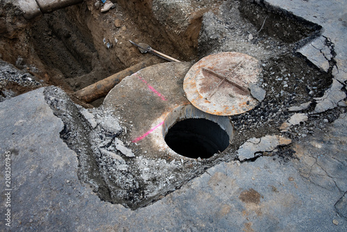 Photography Underground utilities construction project, precast concrete stormwater system a