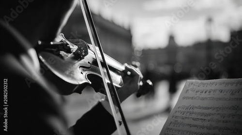 Black and white side view of a musician playing violin with sheet music.