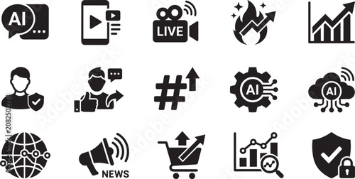Digital Marketing and AI Technology Icon Set, Artificial Intelligence, Business Growth Analytics, Social Media, Live Streaming, and Cybersecurity Vector Icons