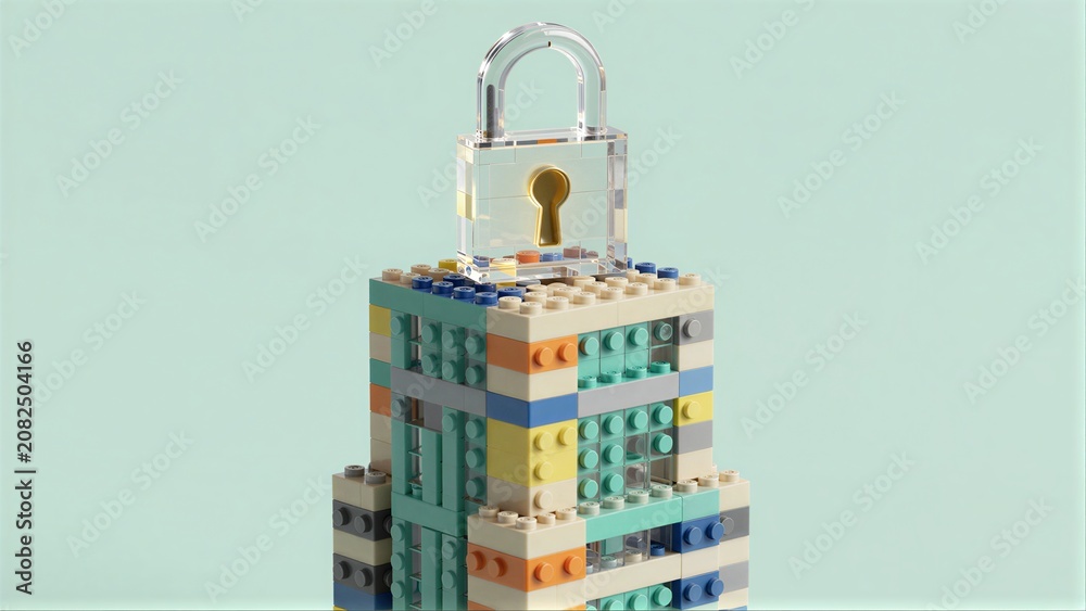 Obraz premium Colorful LEGO tower topped with a transparent padlock, symbolizing security.