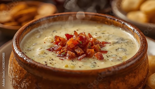 Creamy Potato Soup Topped with Crispy Bacon in a Bread Bowl