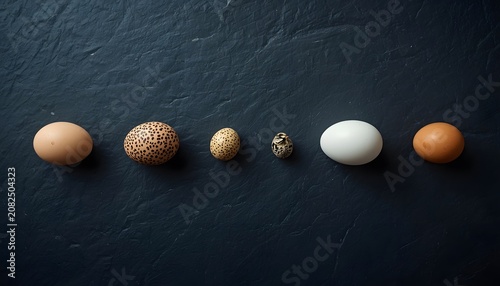 Assorted Poultry Eggs Arranged in a Row on Dark Texture Background