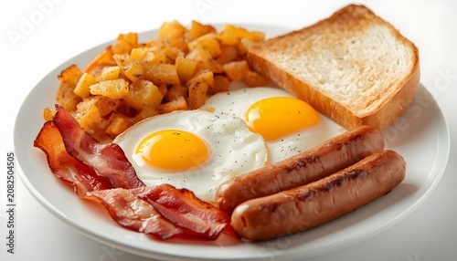 Classic Full American Breakfast with Eggs, Bacon, Sausage, and Toast