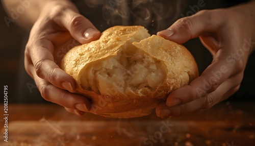 Hands Breaking Open Fresh Hot Steaming Bread