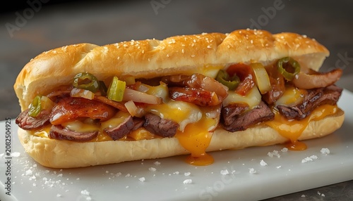 Gourmet Steak Sandwich with Melted Cheese and Peppers