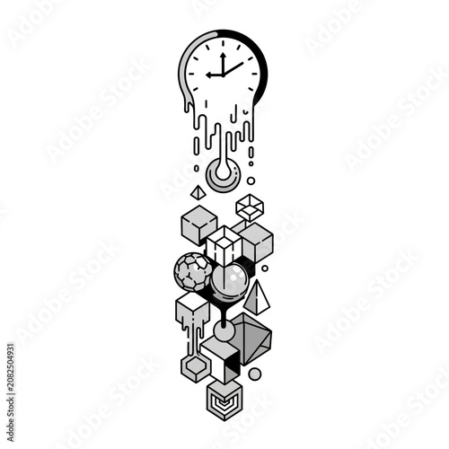 Melting clock dripping into 3D geometric shapes on white background