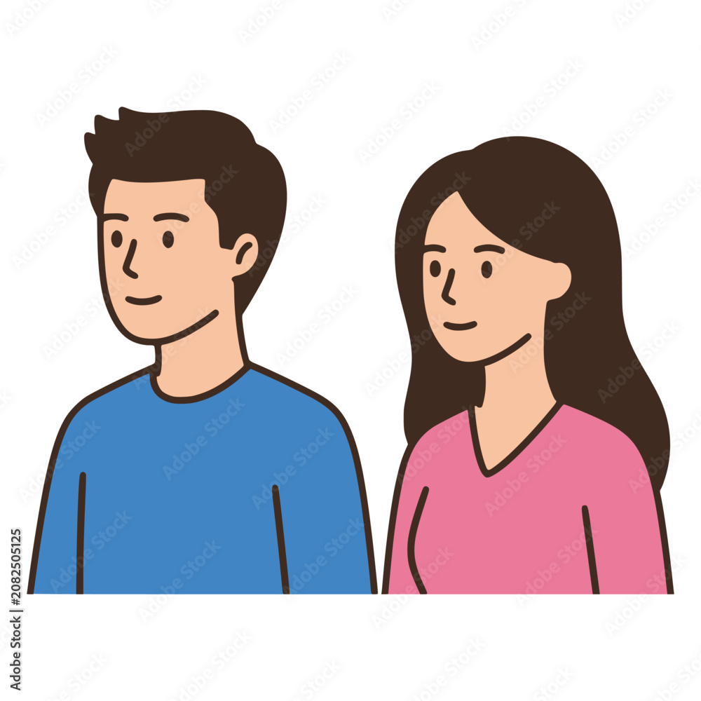 Obraz premium man and woman standing side by side profile face avatar profile flat color vector illustration template design