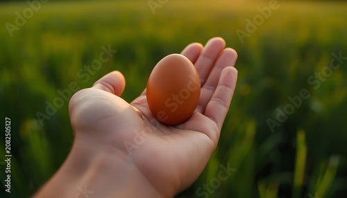 Hand Holding a Fresh Brown Egg in a Lush Green Field