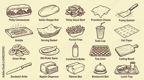 Fotografie Collection of hand-drawn illustrations depicting ingredients and items related to a Philly Cheesesteak meal, including the sandwich, fries, onion rings, and serving accessories